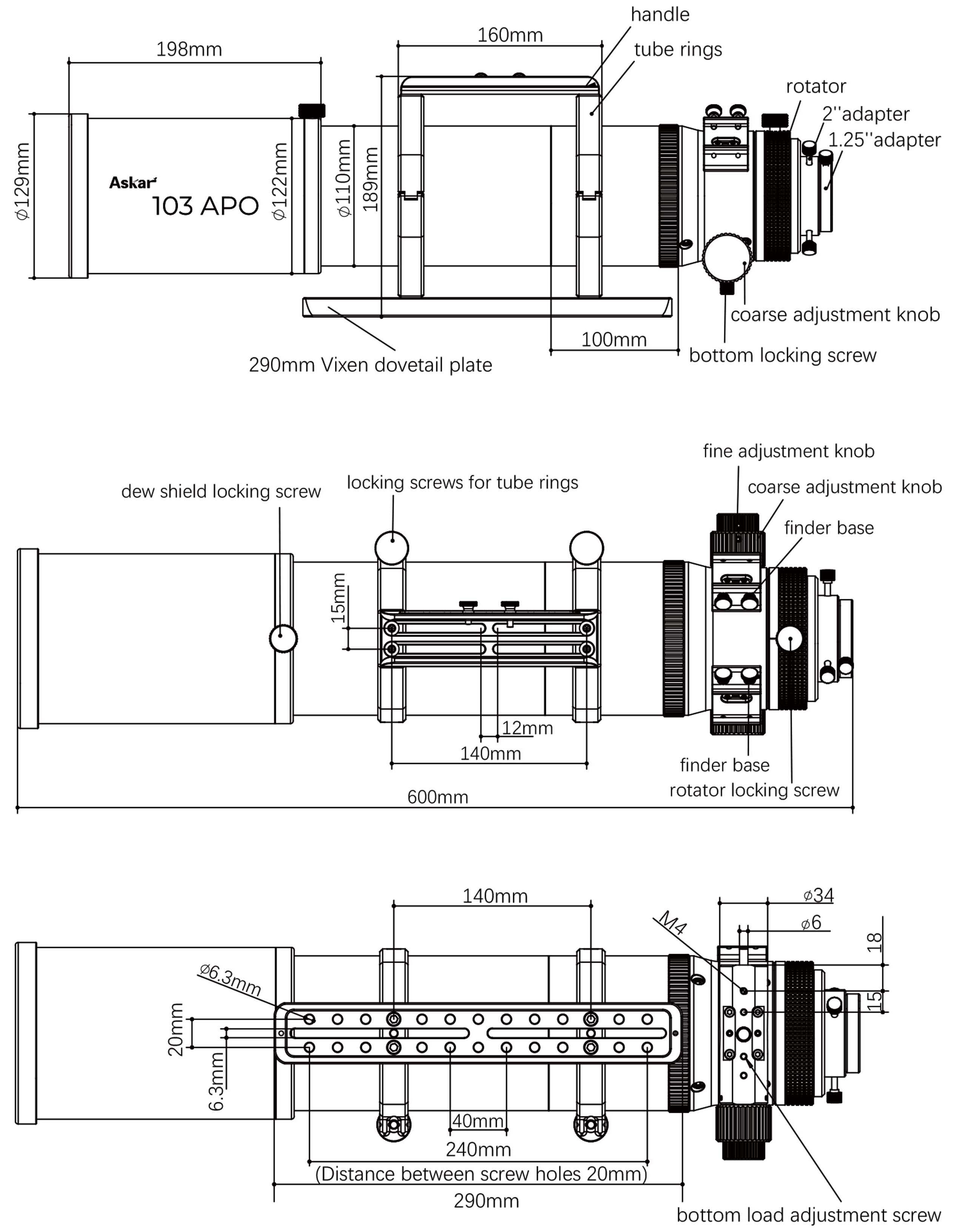 Askar 103APO 103mm f/6.8 ED APO Size Diagram