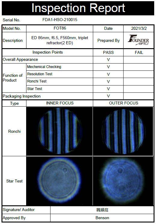 Founder Optics FOT86 ED 86mm f/6.5 Triplet Refractor Telescope Inspection Report
