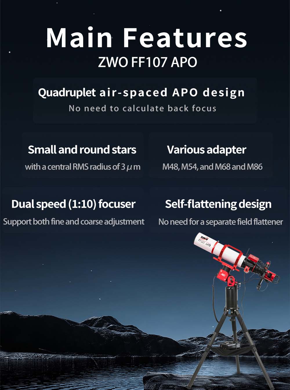 ZWO FF107 f/7 Apochromatic Quintuplet Refractor Telescope Main Features