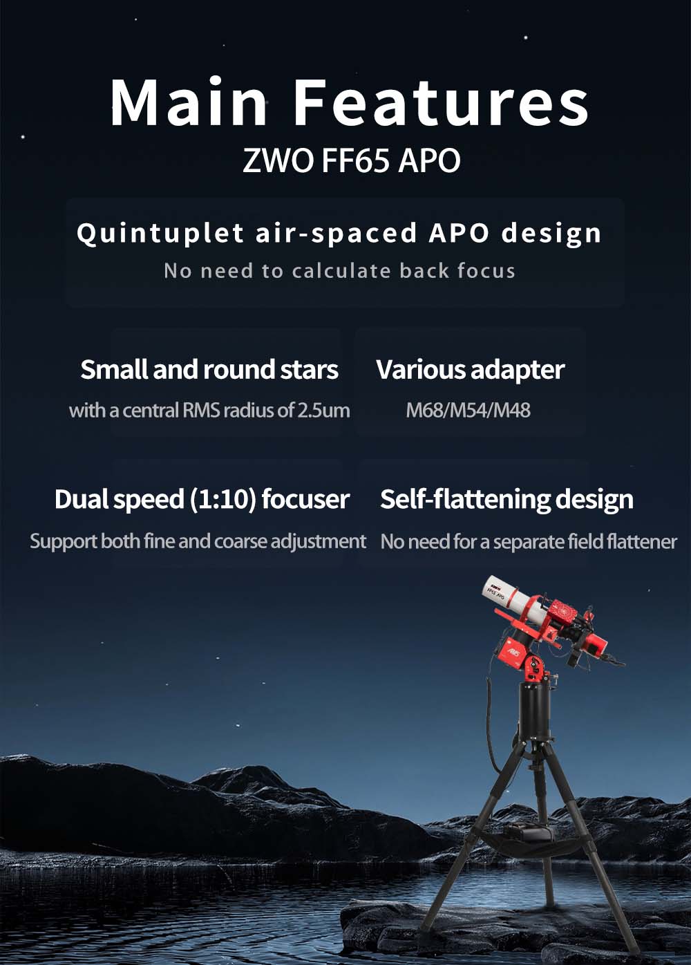 ZWO FF65 f/6.4 Apochromatic Quintuplet Refractor Telescope Features