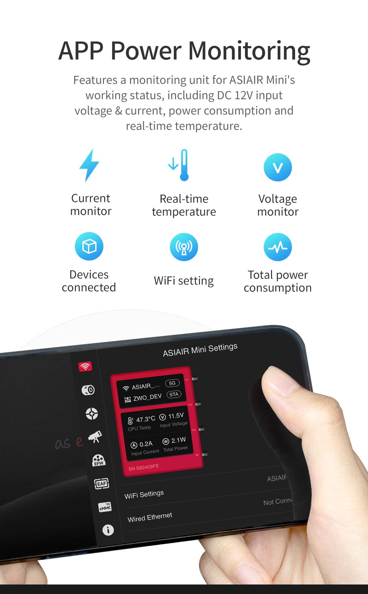 ZWO ASiair Mini Smart WiFi Controller for Astrophotography Power Monitoring